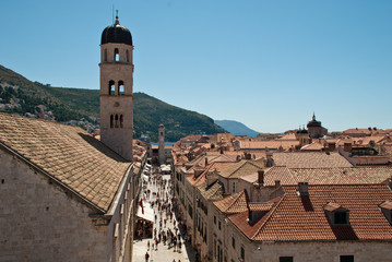 Areal view of the Main street Stradun in the old town in Dubrovnik, Croatia. The limestone-paved...