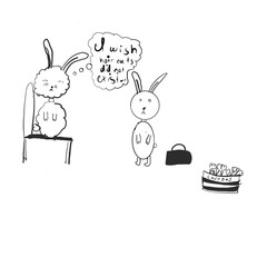 Sketch Doodle Bunny Rabbits. Carrot basket, Hand lettering. Vector Illustration isolated on white background.