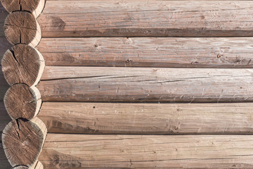 log house corner, weathered wood, space for text