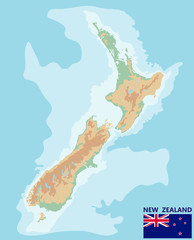 New Zealand. Vector geographic map of the New Zealand. Large detailed topographic map with contours, rivers, lakes, mountains. Physical map with national flag.