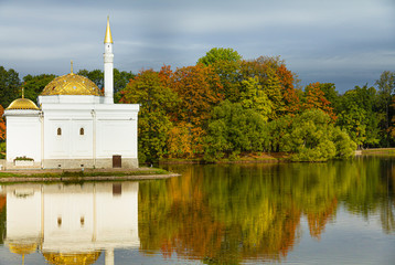 Autumn Park in Pushkin. Large pond. Saint-Petersburg. Morning.
