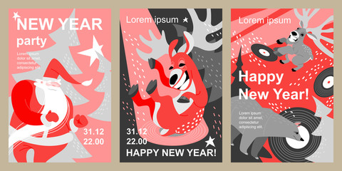 Set of invitation and greeting cards for the New Year with funny cartoon characters of Santa Claus, deer and bear.