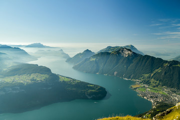 Beauitufl view on Swiss Alps and Lake Lucerne as seen from top of Fronalpstock close to Stoos...