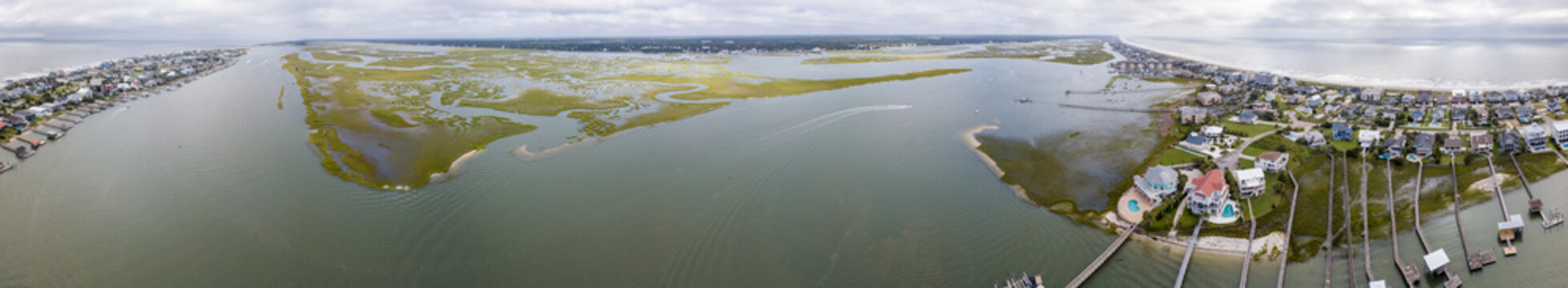Aerial 360 degree panorama of Murrell Inlet and Surfside Beach in South Carolina along the Atlantic coast