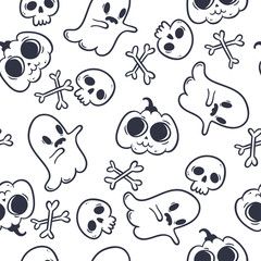 Materiał do szycia Vector seamless pattern with cute Halloween symbols isolated on white. Texture with funny cartoon characters for design of All Saints Day. Doodle art with skull, ghost and pumpkin in kawaii style
