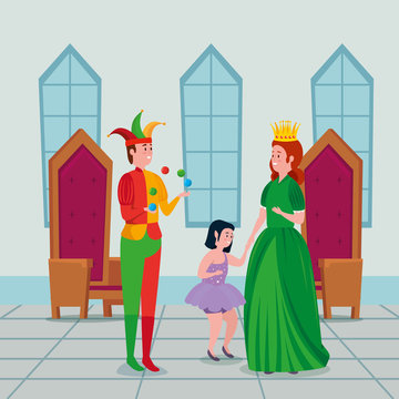 beautiful princess with joker and fairy in castle vector illustration design