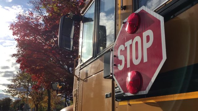 School bus stop sign autumn trees back to school