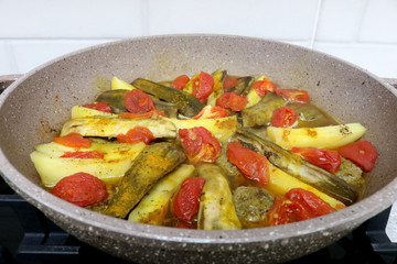 Delicious organic stew with potatoes, peppers and eggplants in a pan. Ajapsandali is a traditional Azerbaijan cuisine 