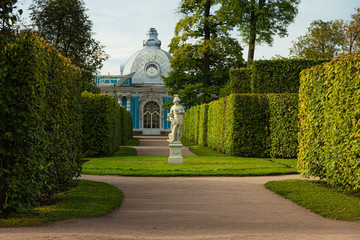 Alleys of the garden. Autumn Park in Pushkin. Saint-Petersburg. Morning.