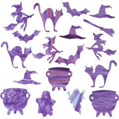 Set of watercolor violet elements on the theme of the holiday of all saints Halloween. Hand drawn illustration