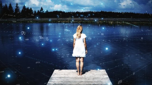 Woman in nature with digital technology word cloud animation background..