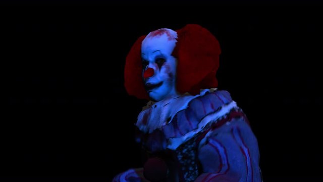 Creepy seamless animation of horror clown dancing. Funny Halloween background of a terror character isolated with alpha channel