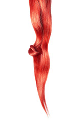 Red hair knot isolated on white background. Long straight ponytail