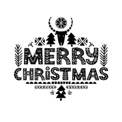 Fototapeta premium Lettering Merry Christmas in ethnic folk style. 