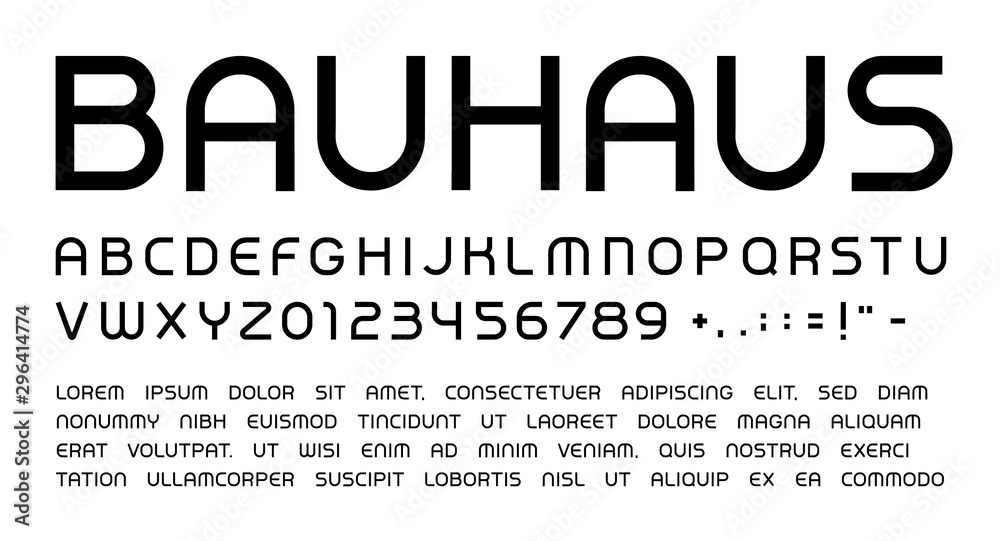 Poster Bauhaus letters and numbers set. Rounded headline uppercase modern style vector latin alphabet. Font for events, promotions, logos, banner, monogram and poster. Typography design.