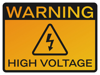 High Voltage sign. Yellow symbol with warning text. Danger pictogram with black border. Yellow triangle and black arrow. Electrocution hazard. Vector illustration