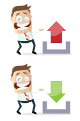 funny cartoon illustration of a businessman with upload and download sign