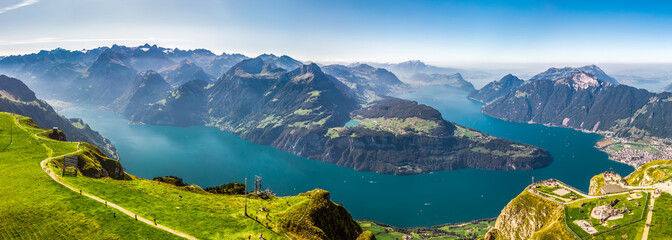 Fantastic view to Lake Lucerne with Rigi and Pilatus mountains, Brunnen town from Fronalpstock, Switzerland, Europe - obrazy, fototapety, plakaty