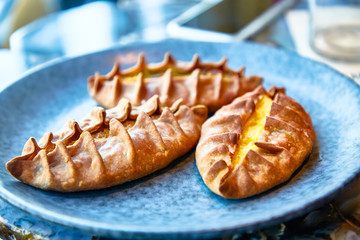 Traditional Russian pies with filling lie on a plate