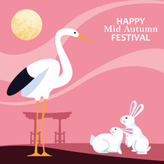 Naklejka premium storks and rabbits, Happy mid autumn festival design
