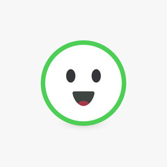 Happy face, excelent customer review and emotional assessment of goods or services quality. Round vector icon with bright green contour, flat emoticon button.