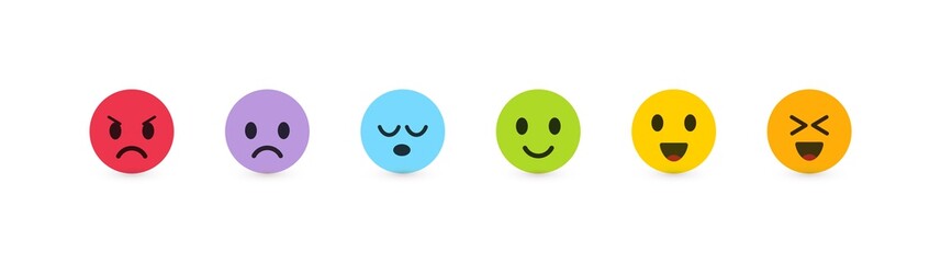 Set of vector emoticons with different emotions. Feedback scale, customer review and assessment of goods or services quality. Round emoji colorful vector flat illustration.