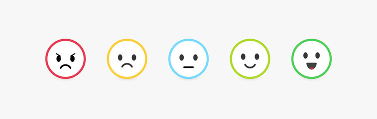 Set of vector emoticons with different emotions. Feedback scale, customer review and assessment of goods or services quality. Round emoji with bright colorful contour, vector flat illustration. - obrazy, fototapety, plakaty