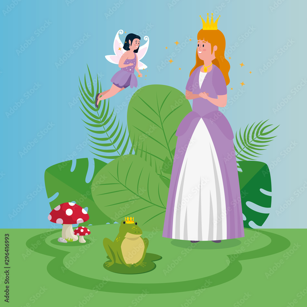 Sticker beautiful princess with fairy fling in scene magic vector illustration design