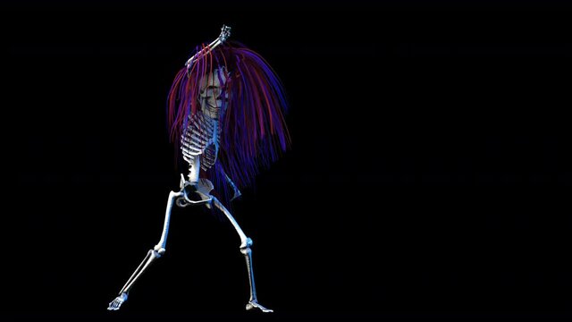 Funny seamless animation of an dancing skeleton with a long wig. Halloween background of a terror character isolated with alpha channel