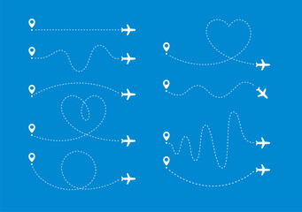 Plane path set. Flying airplane along certain curve lines way from specific map point. Vector illustration.