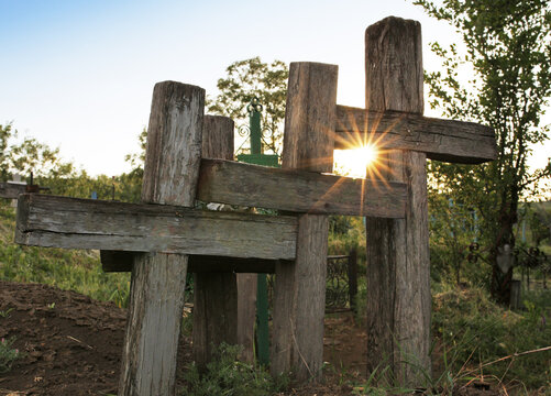Rustic traditional old wooden cemetry crosses