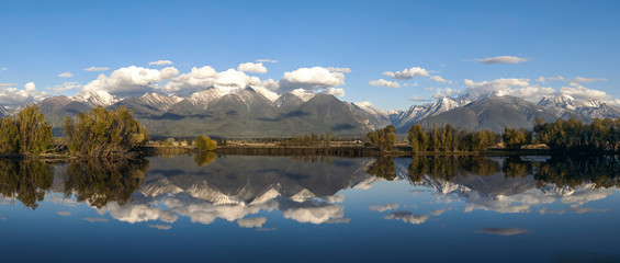 Panorama of a pond and mountains in Montana.