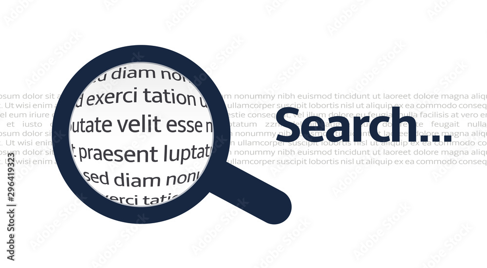 Poster Search icon with closeup text background, magnifier in search of the necessary information in text paragraph, research work, isolated vector illustration.