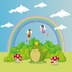 Obraz na płótnie Canvas cute toad with rainbow in scene fairytale vector illustration design
