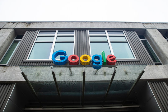 Seattle, Washington USA - October 16, 2019: General view of Google logo on office sign in Seattle's Fremont neighborhood