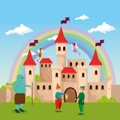 ogre with elf and dwarf in scene fairytale vector illustration design