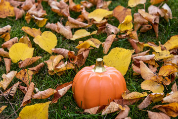 Fall background, ceramic pumpkin outdoors on green moss and grass with mushrooms and yellow birch leaves