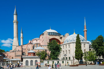Fototapeta na wymiar ISTANBUL, TURKEY - July 11 2017 : View to Hagia Sofia, beautiful historic landmark in Sultanahmet on July 11, 2017 in Istanbul, Turkey