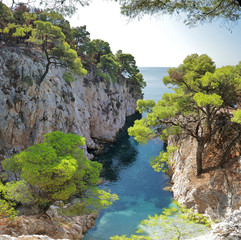 Steep rock gorge with green pines hiding clear water lagoon on Mediterranean coast
