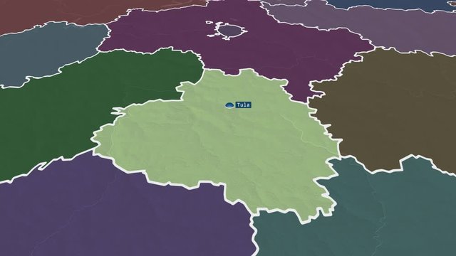 Tula - region of Russia (territory after annexation of Crimea in 2014) with its capital zoomed on the administrative map of the globe. Animation 3D