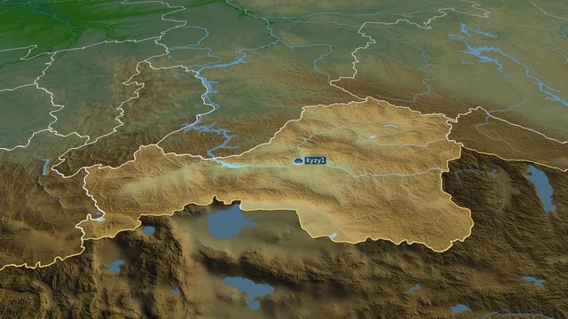 Tuva - republic of Russia (territory after annexation of Crimea in 2014) with its capital zoomed on the physical map of the globe. Animation 3D