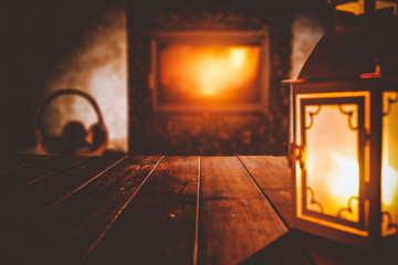 Table background of free space and fireplace of christmas time 