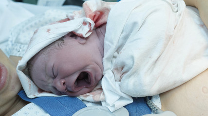 Obraz na płótnie Canvas Portrait of just newborn baby child on mother arms, nurse hands swaddle child