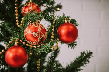 christmas tree ornaments and balls detail