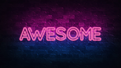 Awesome neon sign. purple and blue glow. neon text. Brick wall lit by neon lamps. Night lighting on the wall. 3d illustration. Trendy Design. light banner, bright advertisement