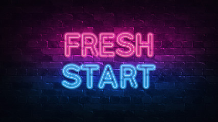Naklejka na ściany i meble Fresh start neon sign. purple and blue glow. neon text. Brick wall lit by neon lamps. Night lighting on the wall. 3d illustration. Trendy Design. light banner, bright advertisement