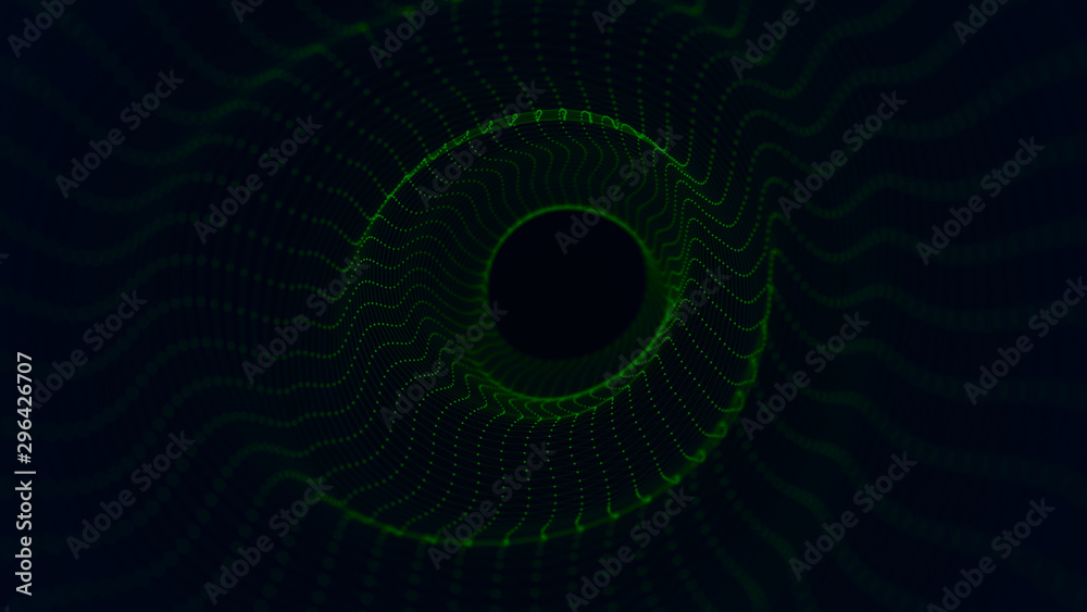 Poster Abstract digital wormhole. Sci-fi tunnel or portal. Futuristic space travel concept. Wireframe 3d surface. 3d rendering.