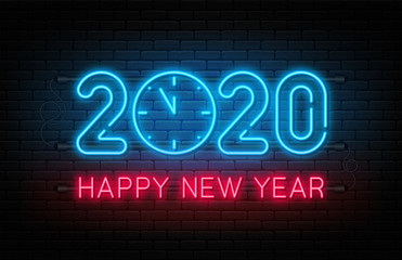 Naklejka na ściany i meble Happy New Year 2020. Neon sign, glowing text 2020 with clock inside. New Year and Christmas decoration. Neon light effect for background, banner, poster and greeting card