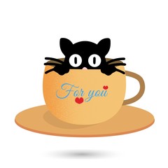 Black cat in cup for wallpaper design. Sweet world poster.The head of a black cat peeks out of a cup, the inscription for you, cute beautiful vector illustration