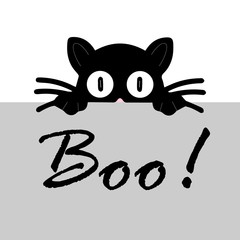 Black cat boo on white background. Isolated vector sign symbol. Cute vector illustration. Horror halloween Cartoon banner with black cat boo on dark background for decoration design.